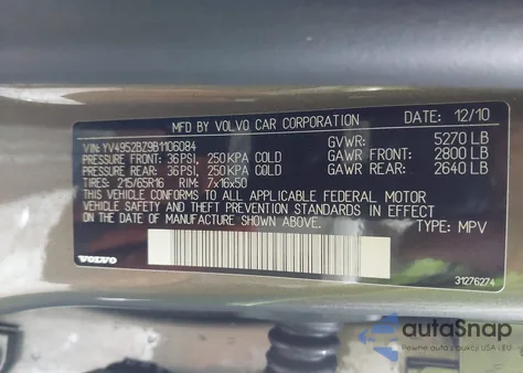 2011 Volvo Xc70 3.2 из США, поврежденный, VIN YV4952BZ9B1106084